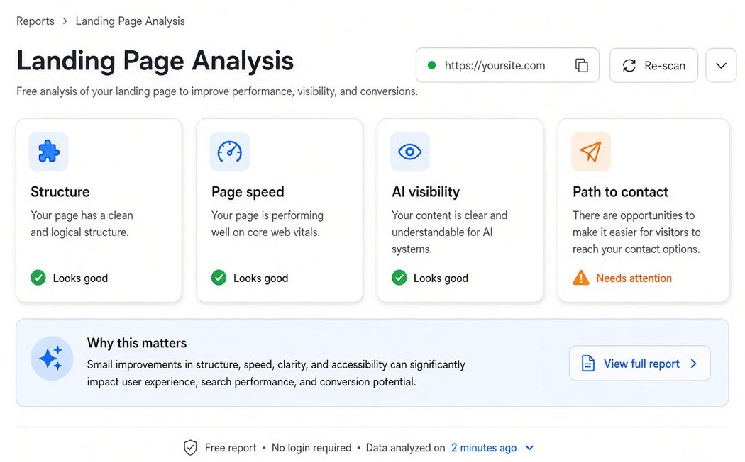 Sample analysis: structure, speed, AI visibility, and whether a visitor can reach you.