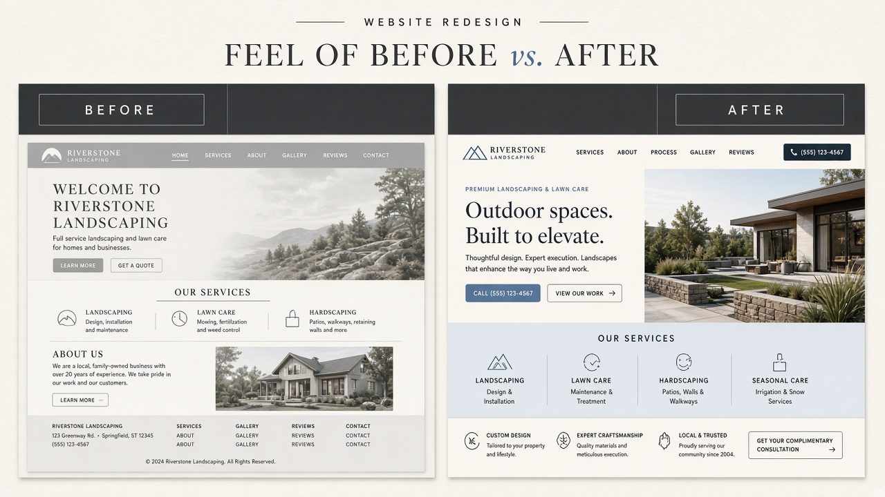 A vague homepage beside a page with clear services, trust, and a way to make contact.