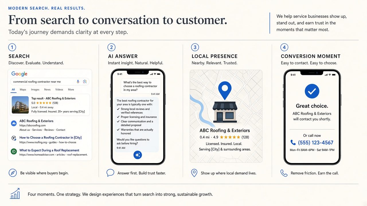 Four ways customers find a business: Google Search, AI Search, local visibility, and conversion.