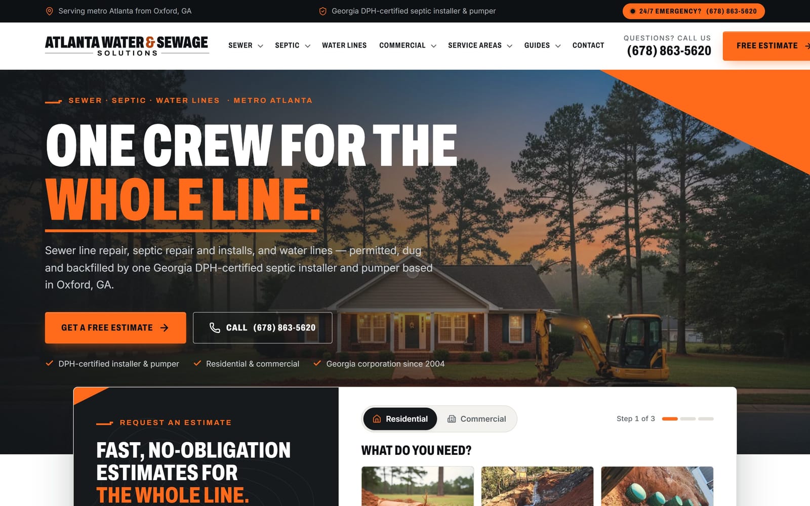 Atlanta Water & Sewage Solutions homepage: sewer, septic and water lines across metro Atlanta.