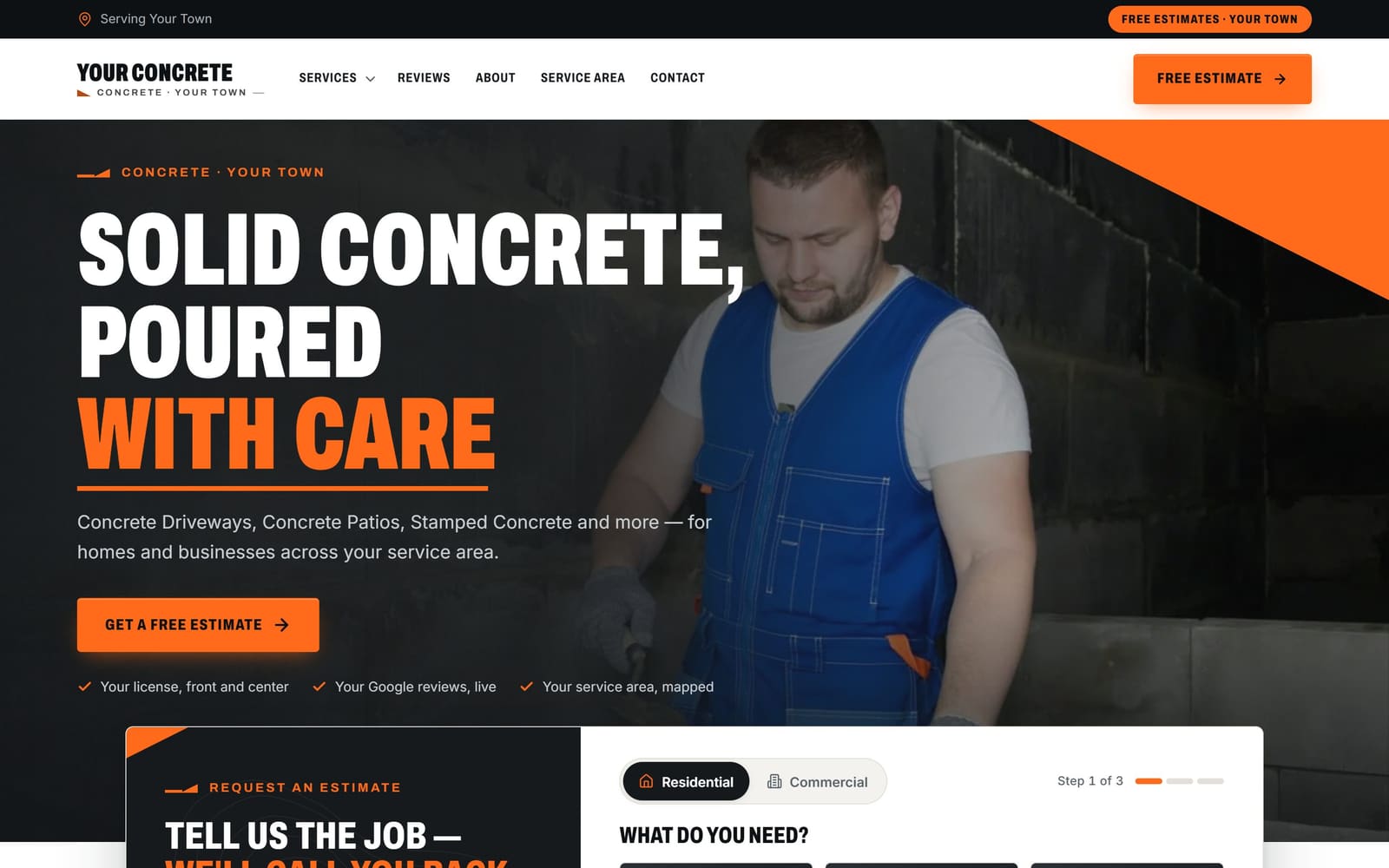 A sample concrete contractors website, the kind Vevang builds for your business.