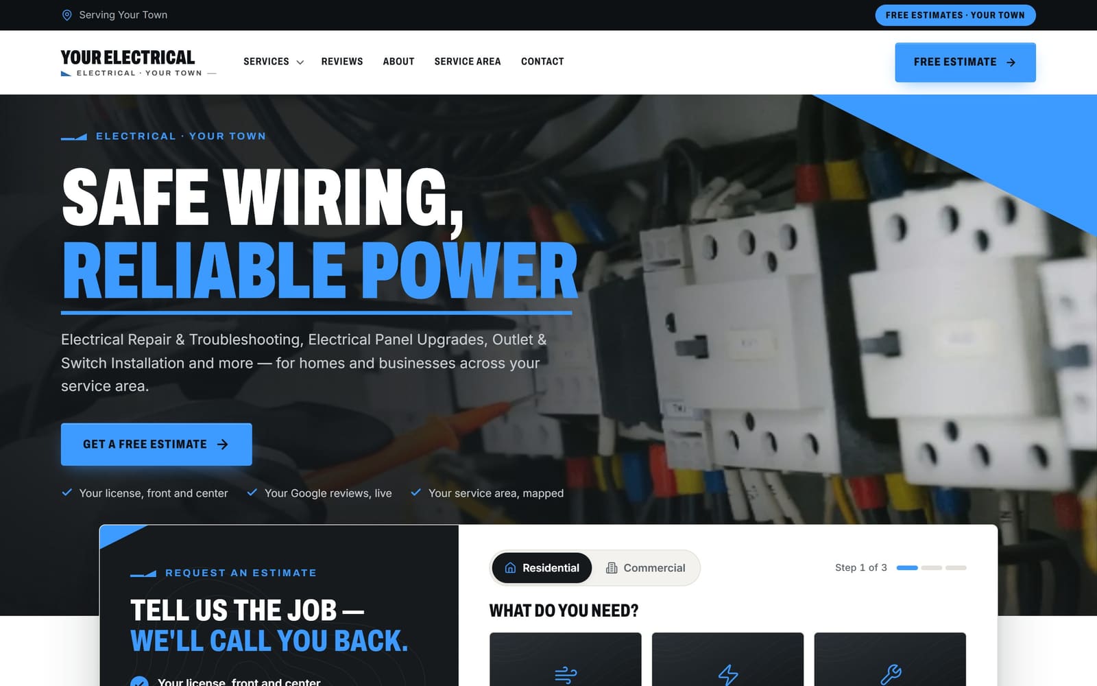 A sample electricians website, the kind Vevang builds for your business.