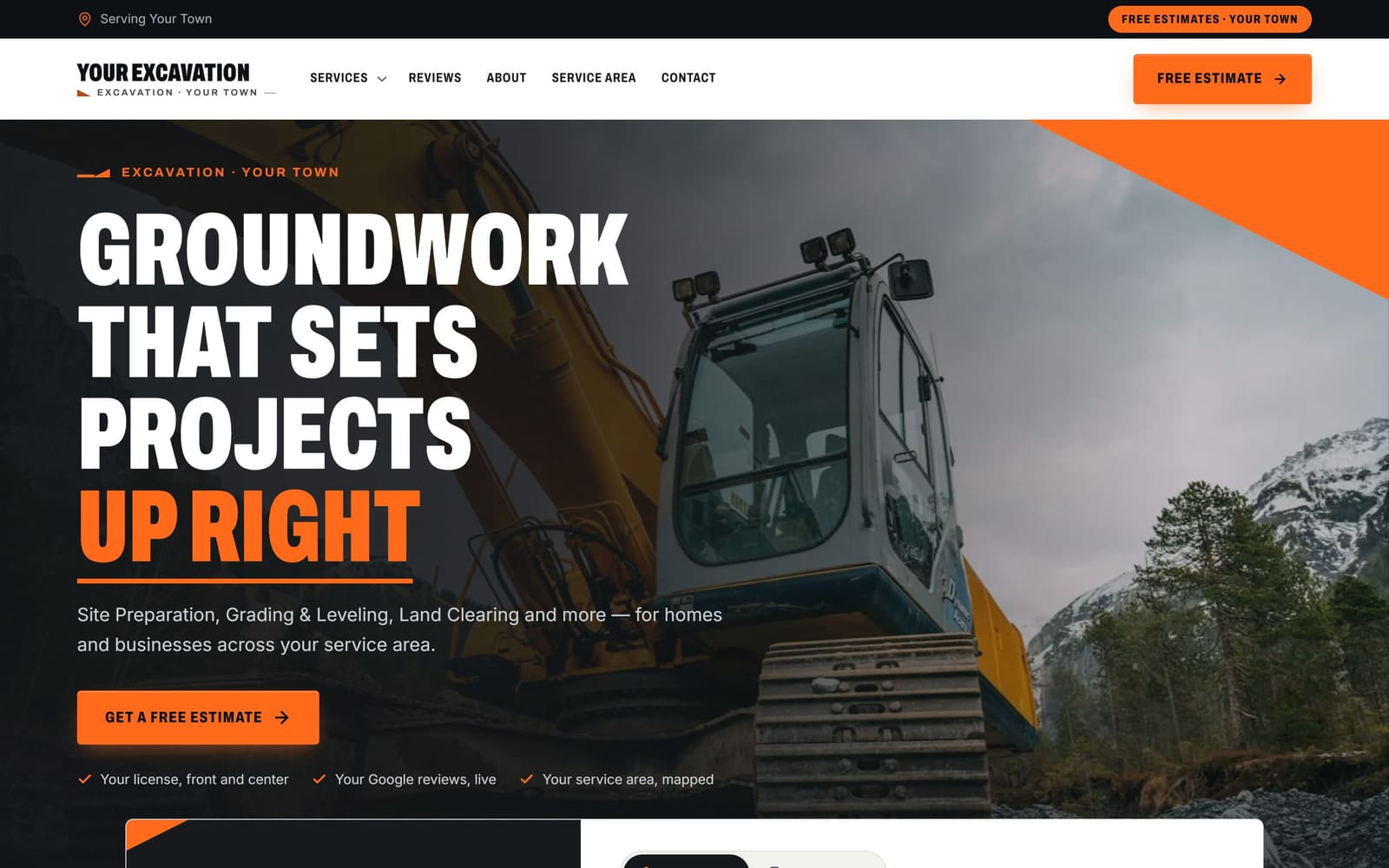A sample excavation website, the kind Vevang builds for your business.