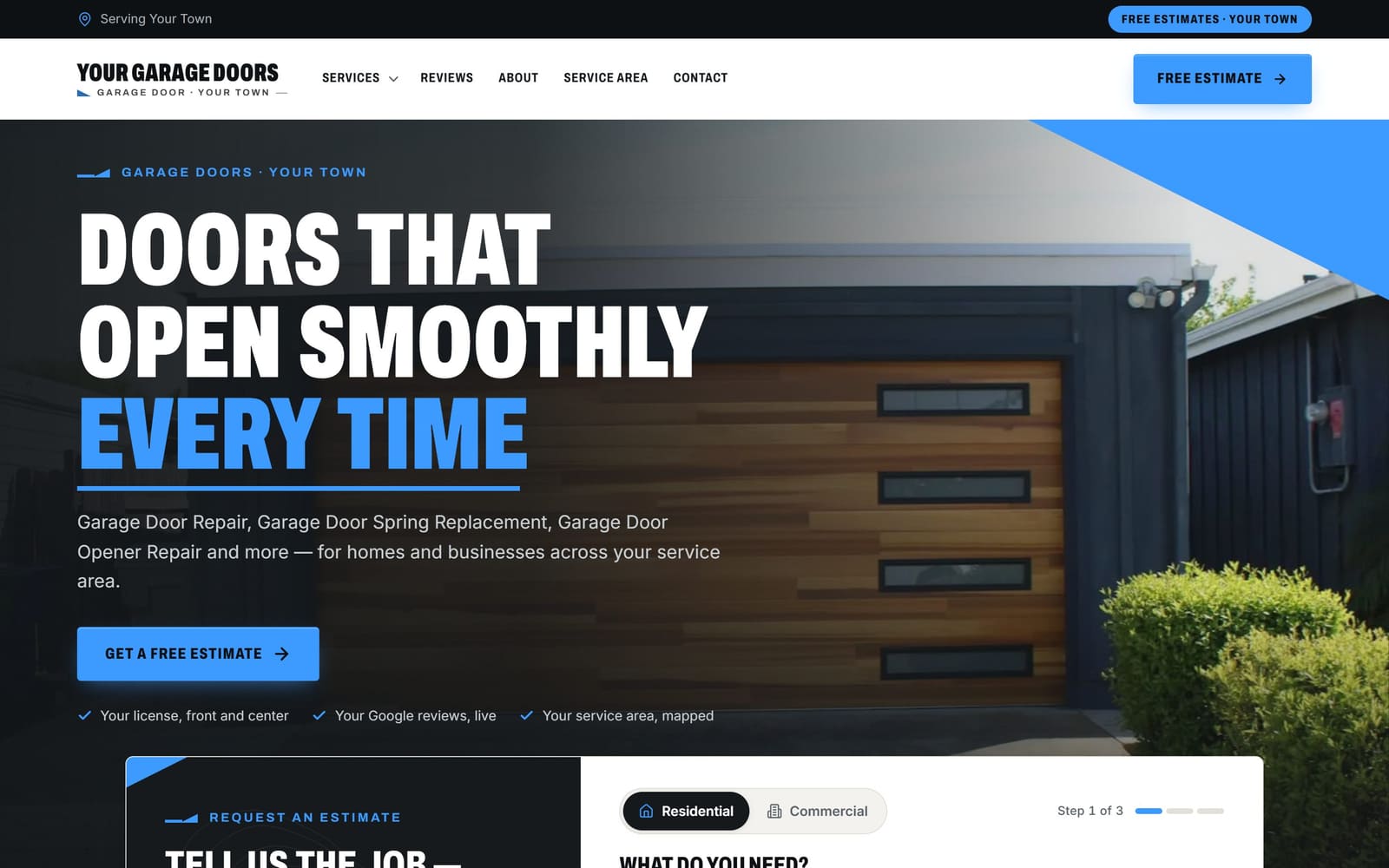 A sample garage door pros website, the kind Vevang builds for your business.