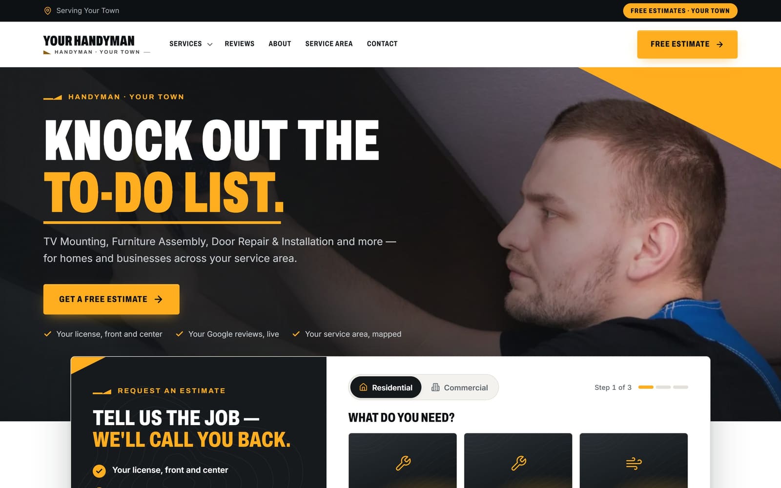 A sample handymen website, the kind Vevang builds for your business.