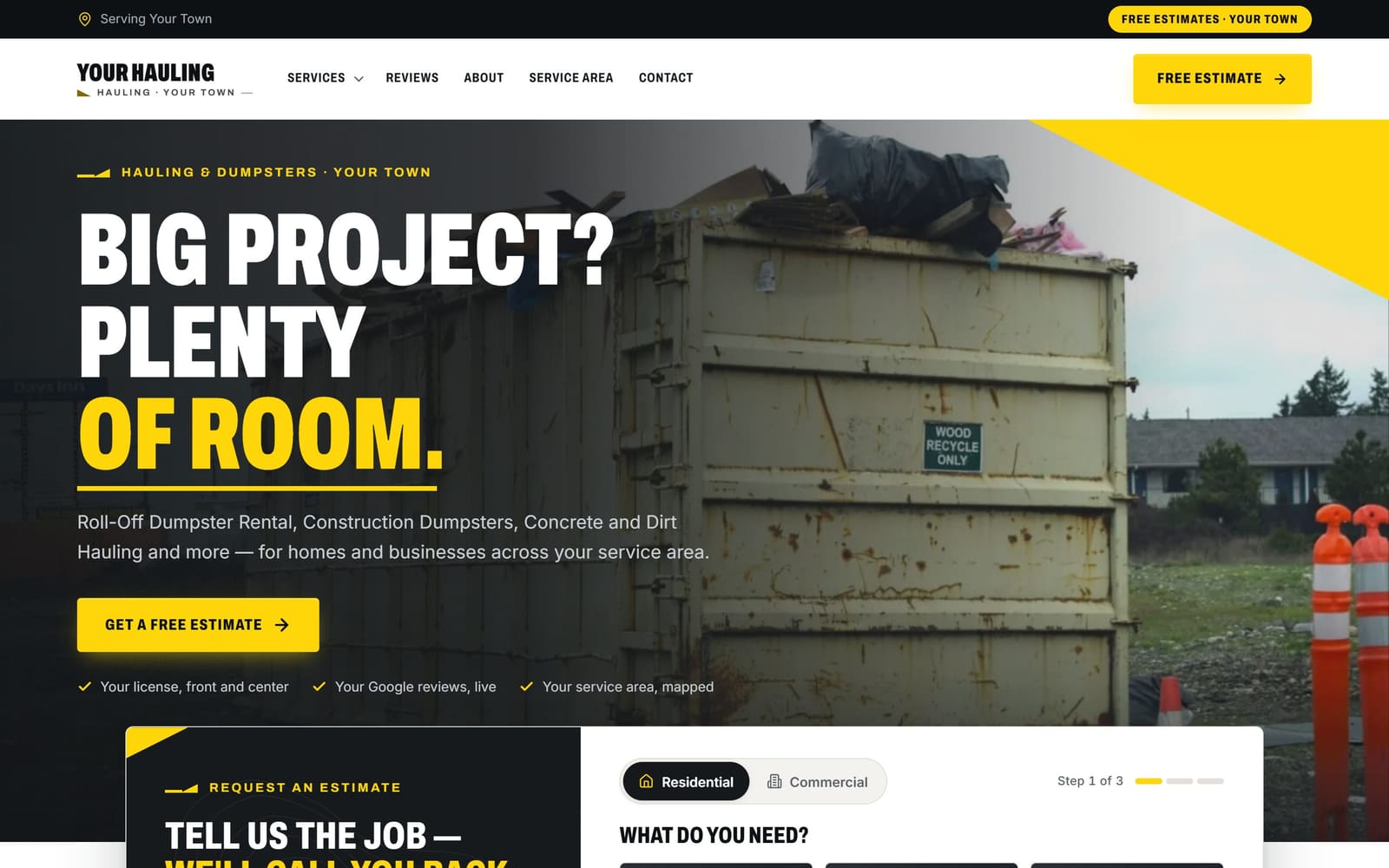 A sample hauling & dumpsters website, the kind Vevang builds for your business.