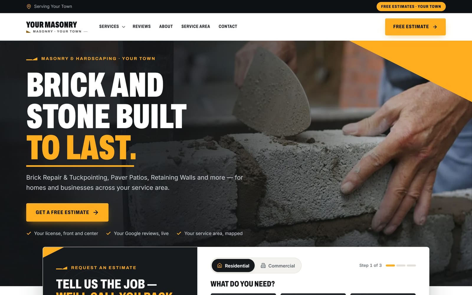 A sample masonry & hardscaping website, the kind Vevang builds for your business.