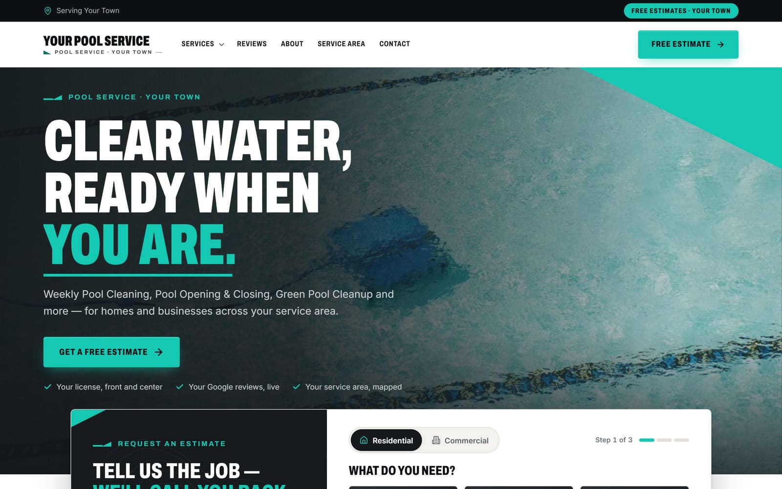 A sample pool service website, the kind Vevang builds for your business.