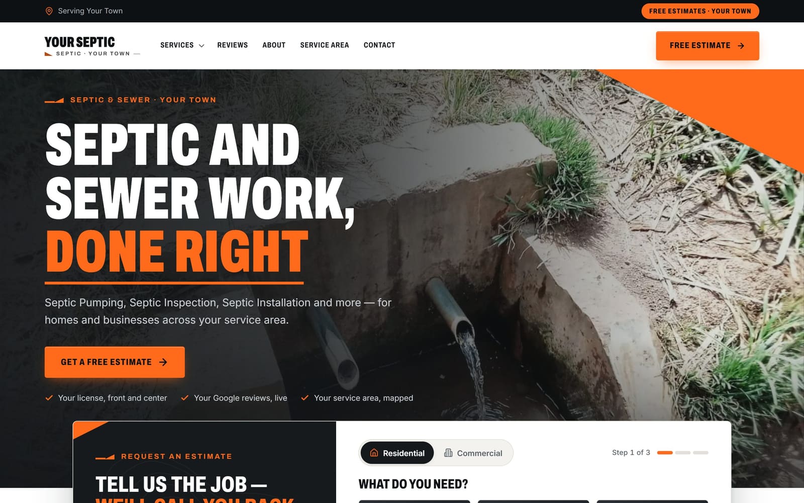 A sample septic & sewer website, the kind Vevang builds for your business.
