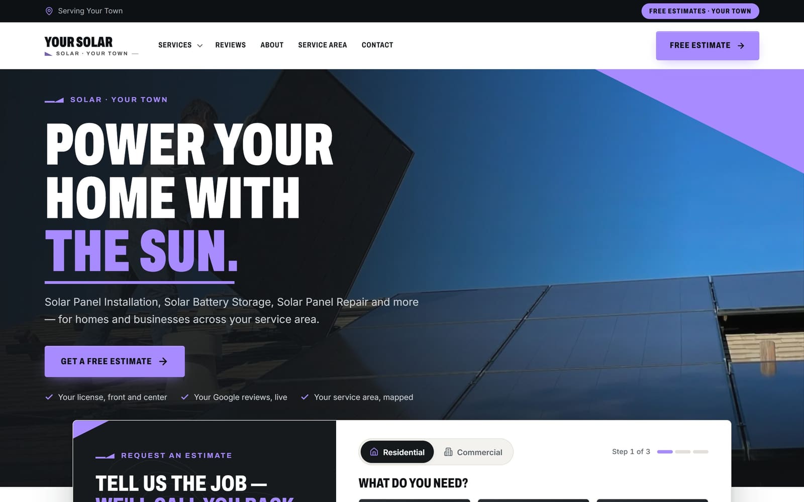 A sample solar installers website, the kind Vevang builds for your business.