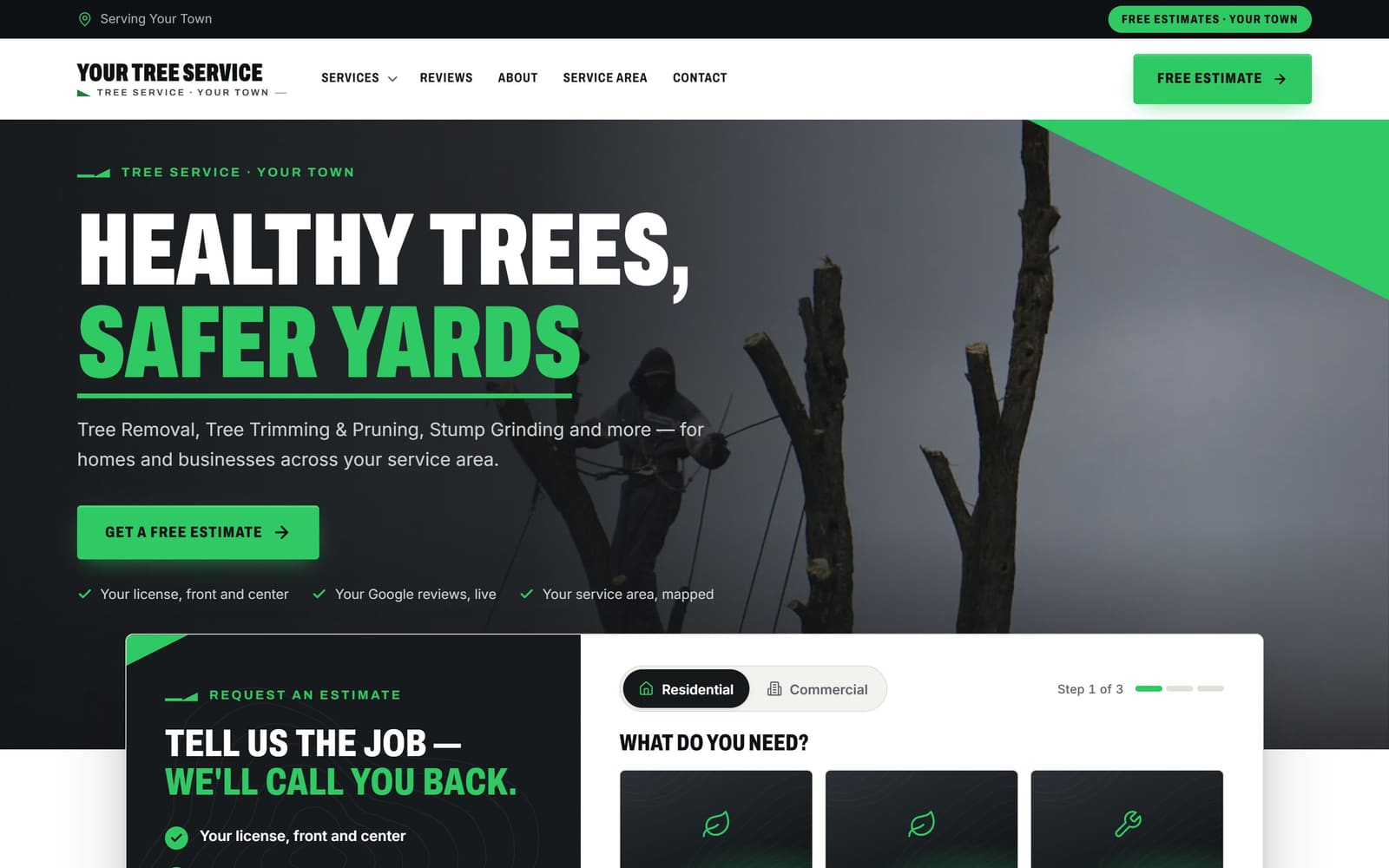 A sample tree services website, the kind Vevang builds for your business.
