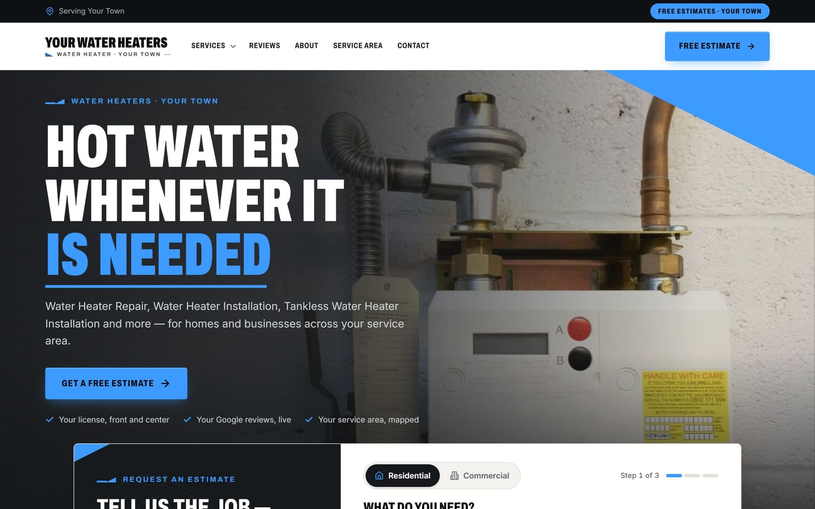 A sample water heater pros website, the kind Vevang builds for your business.